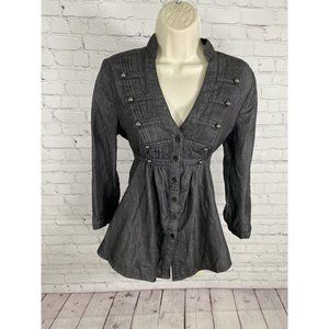 U-Style Dark Gray 3/4 Roll Tab Sleeve Button Up Button Accent Women’s Blouse L